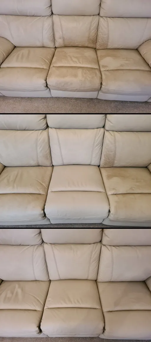 Before, during, and after pics of a leather lounge suite cleaned in Sunnybank, Brisbane